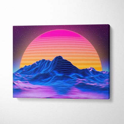 Neon retrowave mountain sunset canvas wall art in electric blues hot pinks orange glow