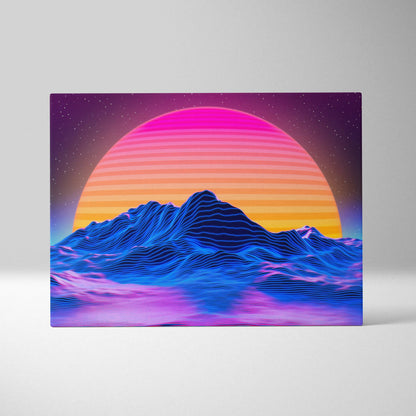 Vibrant neon retrowave mountain sunset canvas wall art in electric blues hot pinks orange glow