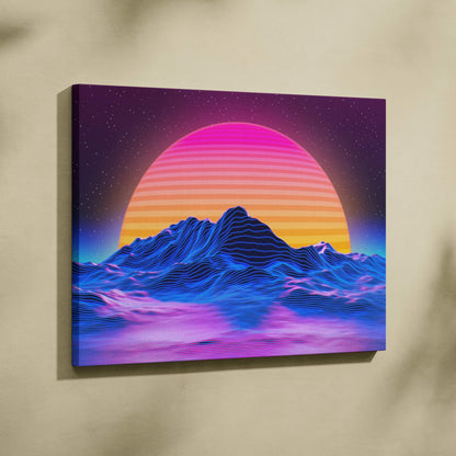 Vibrant neon retrowave mountain sunset canvas wall art in electric blues hot pinks orange glow