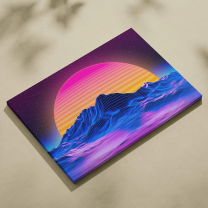 Vibrant neon retrowave mountain sunset canvas wall art in electric blues hot pinks orange glow