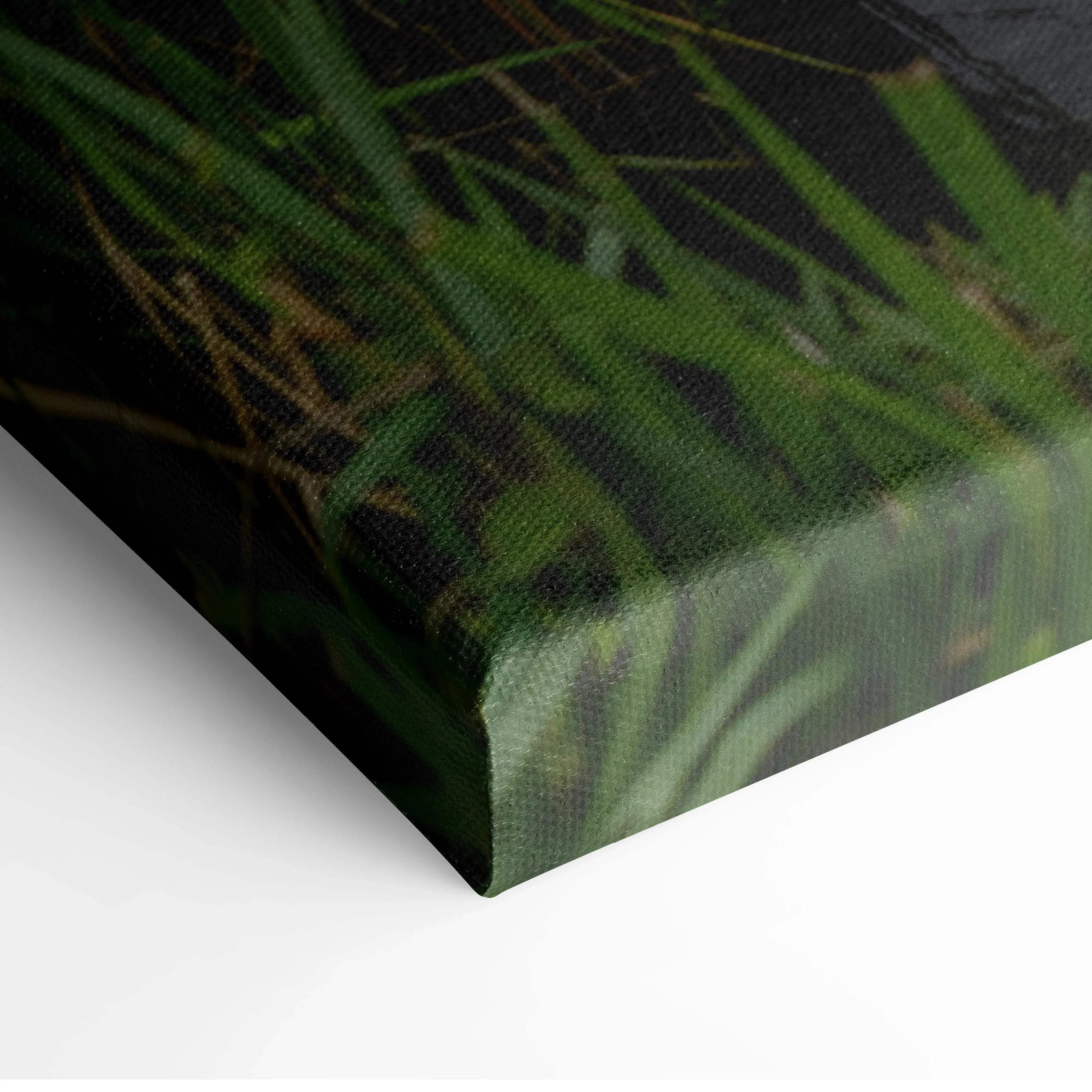 Close-up of stretched canvas corner featuring green and brown tones in stunning windmill sunset landscape wall art.