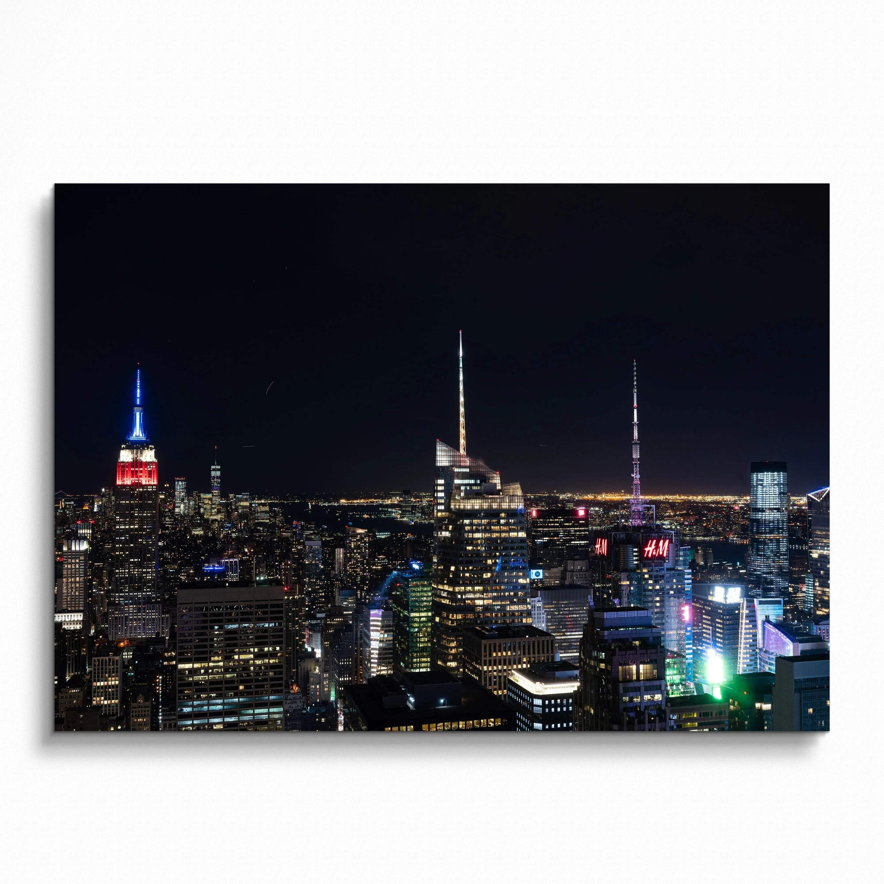 City night skyline poster with illuminated skyscrapers and dark sky wall art.