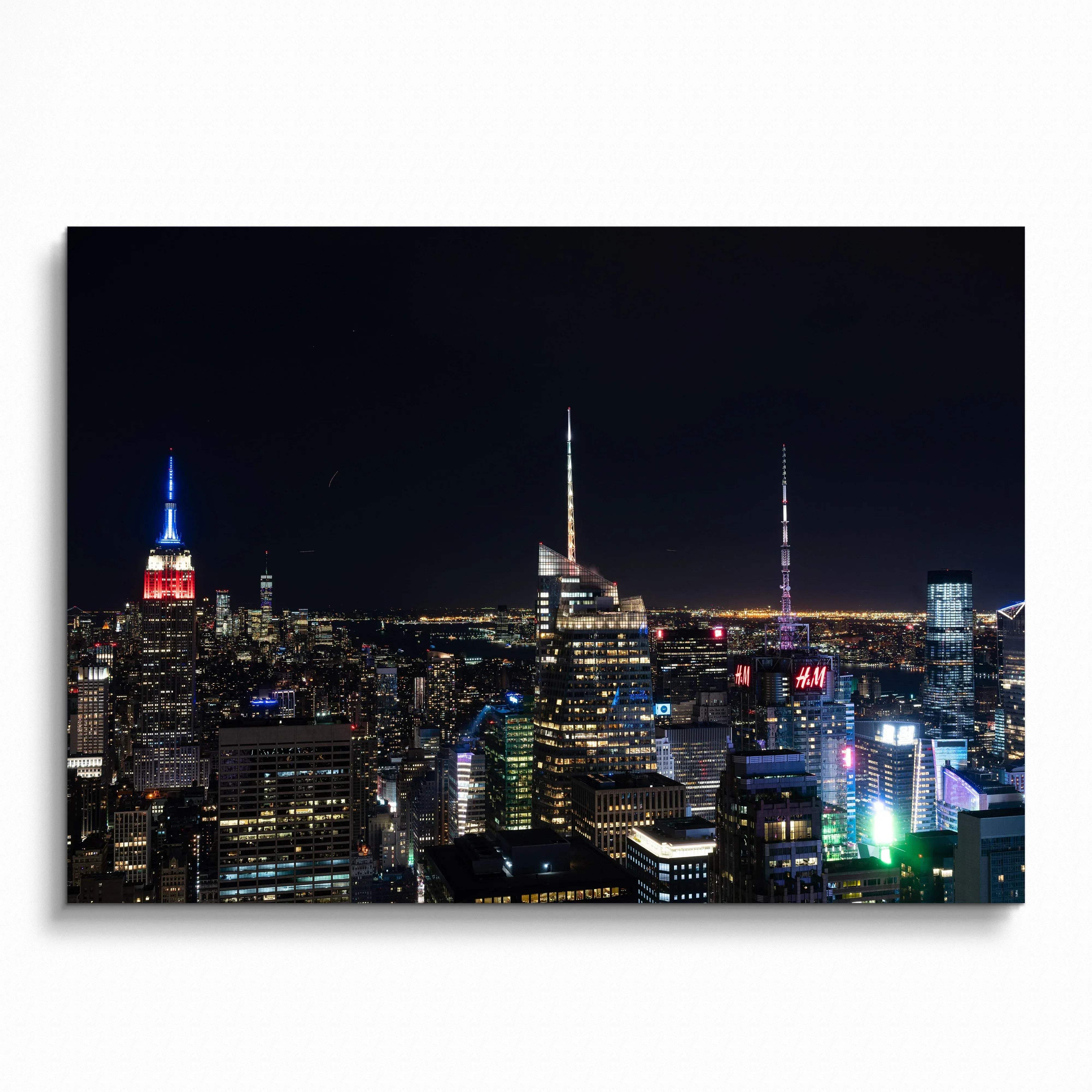 City night skyline poster with illuminated skyscrapers and dark sky wall art.