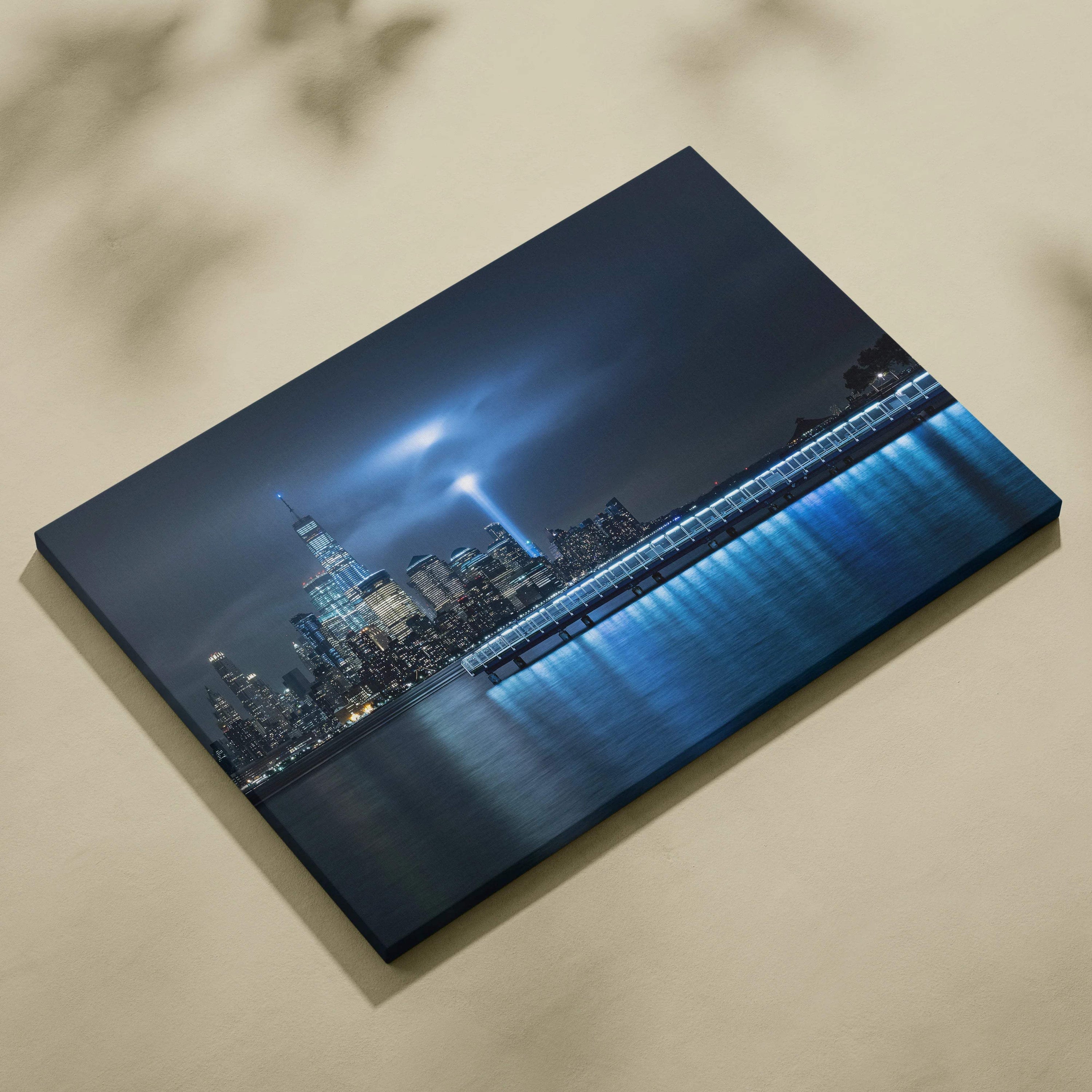 Cinematic New York City skyline canvas art with memorial light beam in cool blues