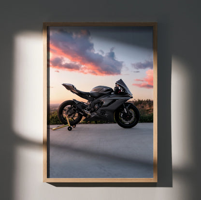 Yamaha R6 motorcycle poster with black bike against sunset sky wall art in wooden frame.
