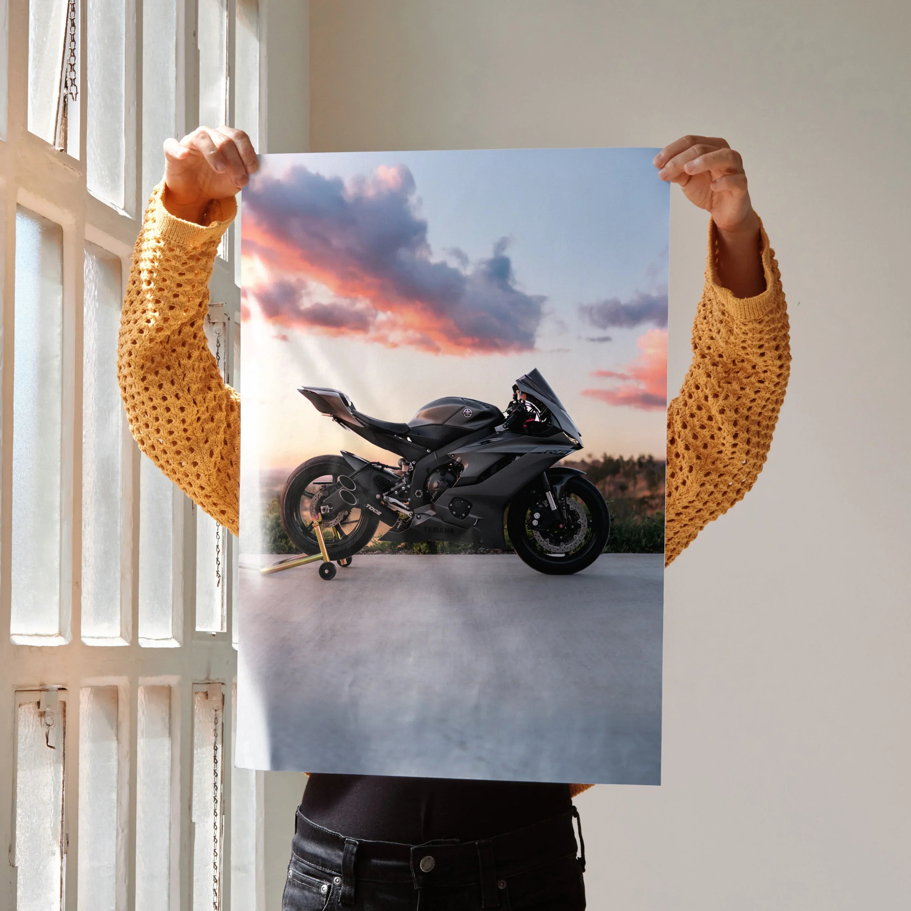 Yamaha R6 motorcycle silhouette against sunset sky poster wall art.