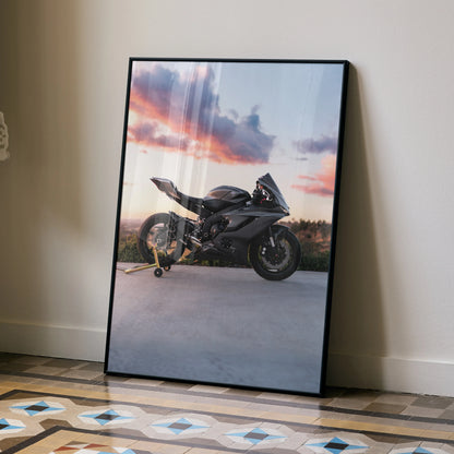Yamaha R6 motorcycle poster with black frame against beige wall and patterned floor wall art.