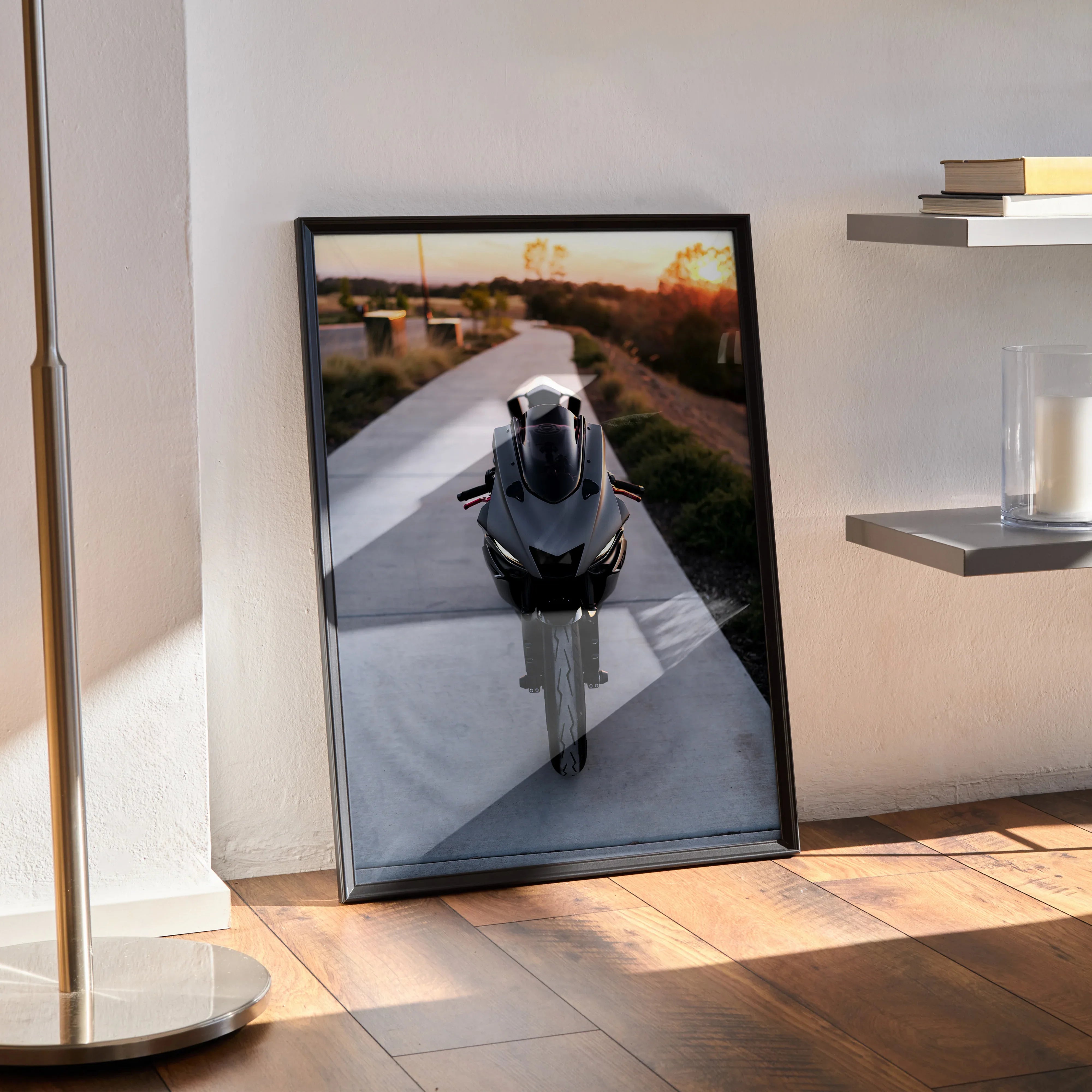 Yamaha R6 motorcycle poster with sleek black sportbike in sunset setting, modern wall art.