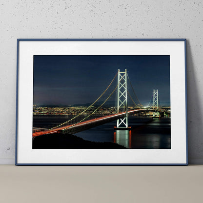City night skyline art print poster featuring illuminated suspension bridge against dark blue sky, modern wall art for home.
