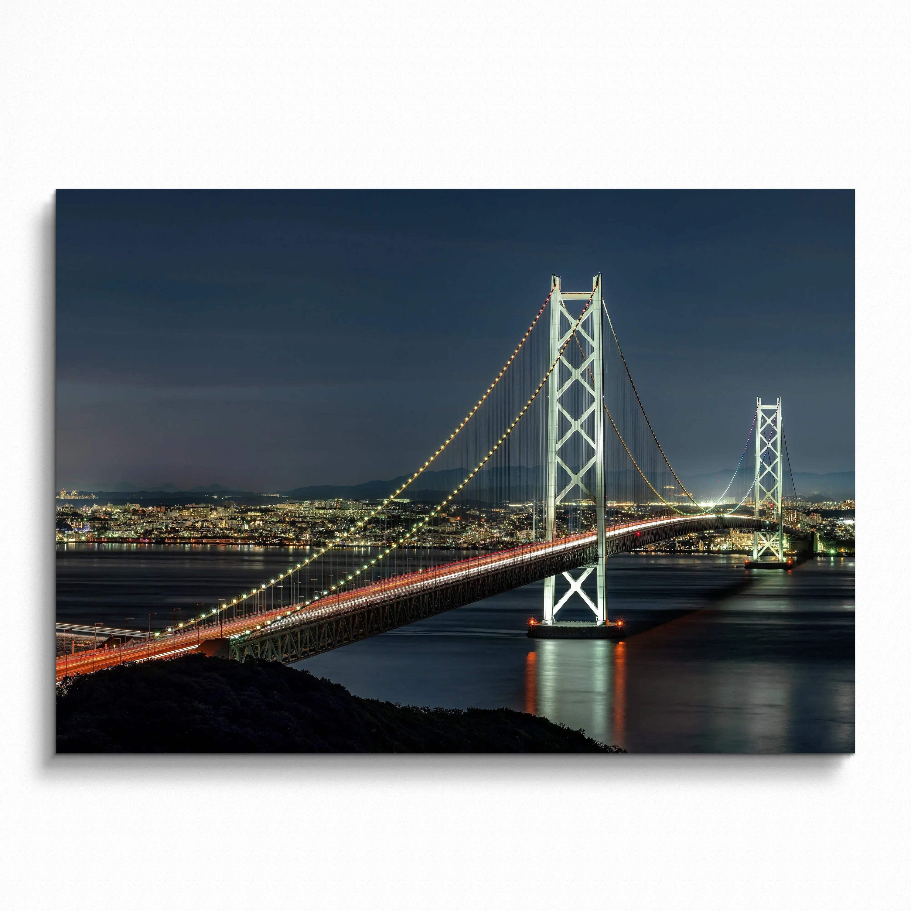 Vibrant city night skyline poster featuring illuminated suspension bridge over water, modern wall art.