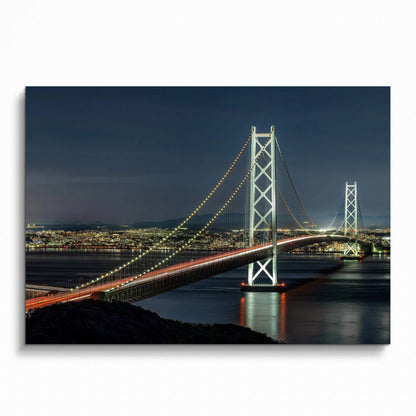 Vibrant city night skyline poster featuring illuminated suspension bridge over water, modern wall art.