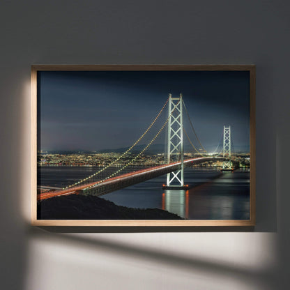 Vibrant city night skyline poster featuring illuminated suspension bridge over water, modern wall art in wooden frame.