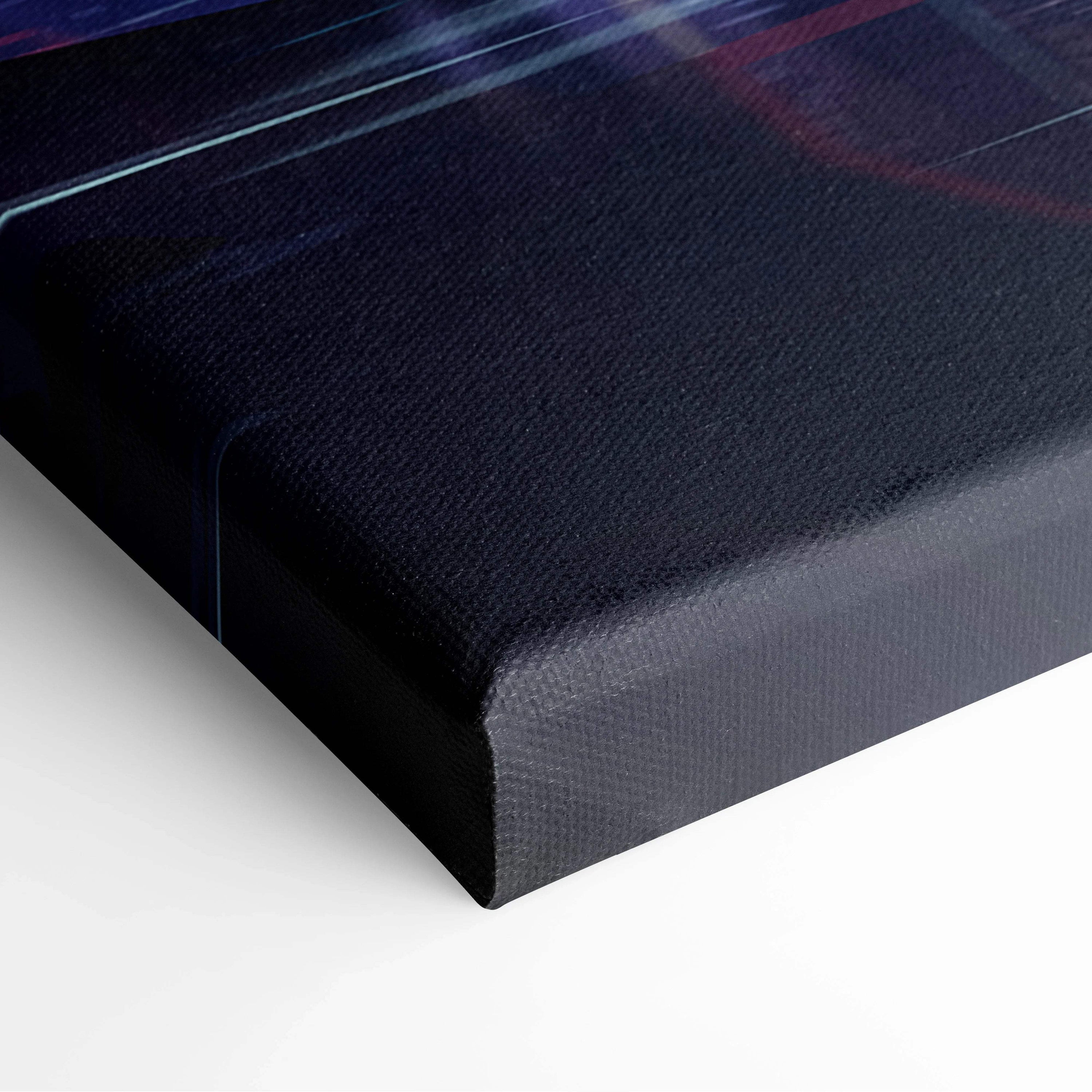 Black cyberpunk neon city skyline canvas print with crimson moon