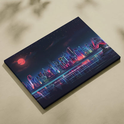 Cyberpunk neon city skyline canvas art with crimson moon reflections