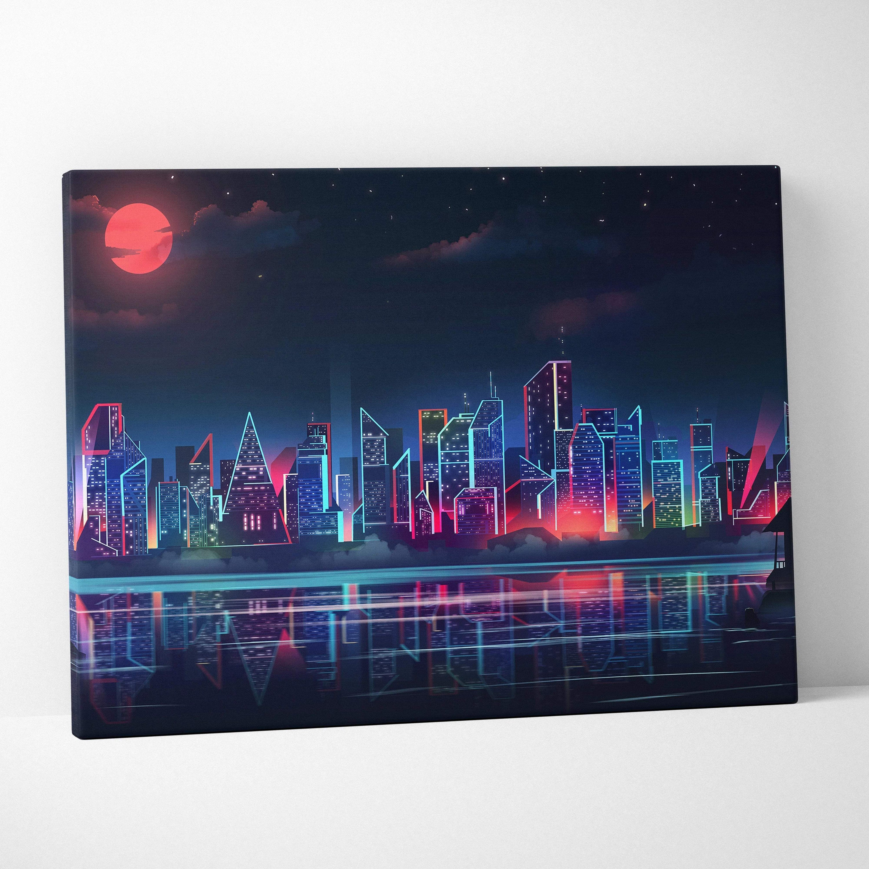 Cyberpunk neon city skyline canvas art with crimson moon reflections
