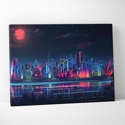 Cyberpunk neon city skyline canvas art with crimson moon reflections
