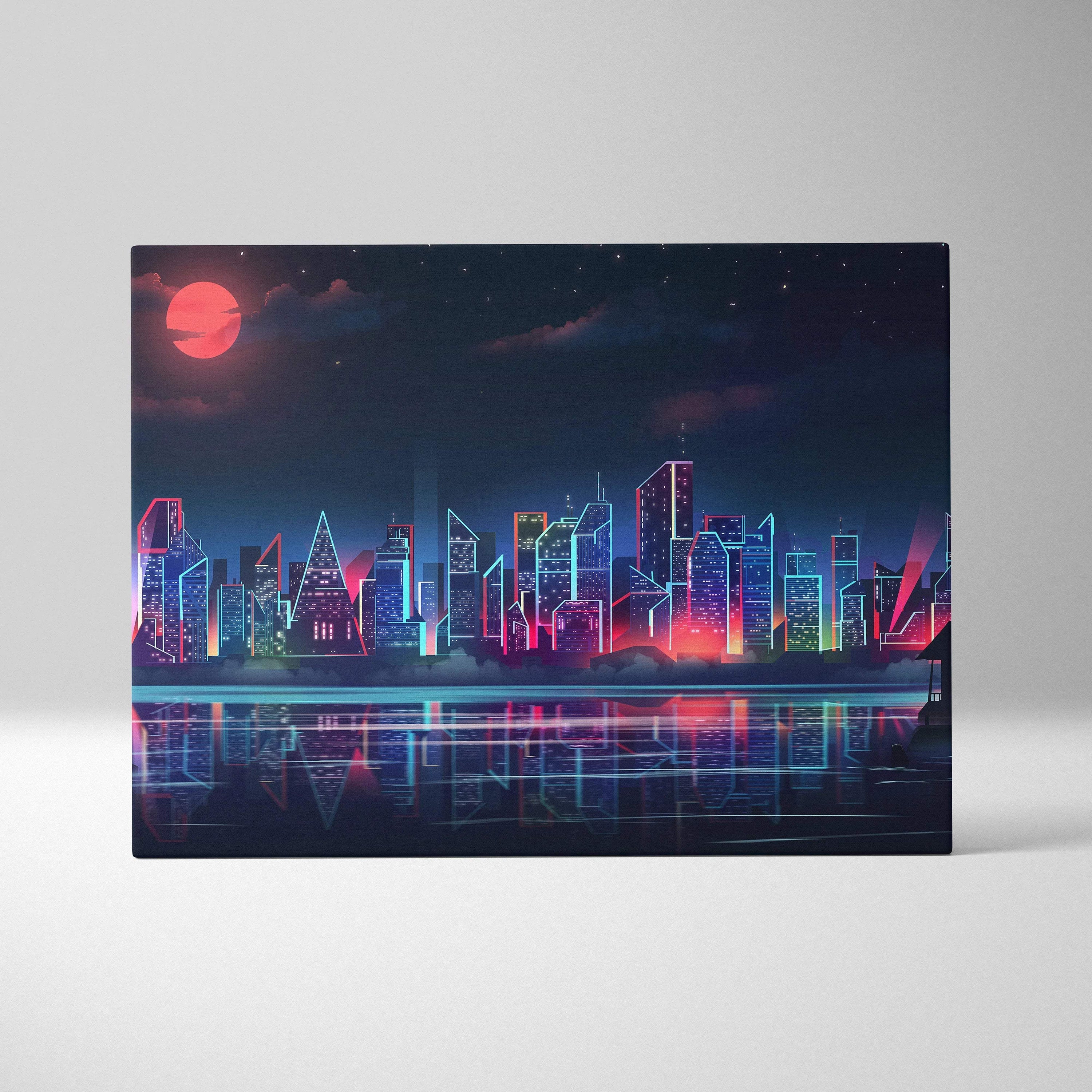 Cyberpunk neon city skyline canvas with crimson moon reflections