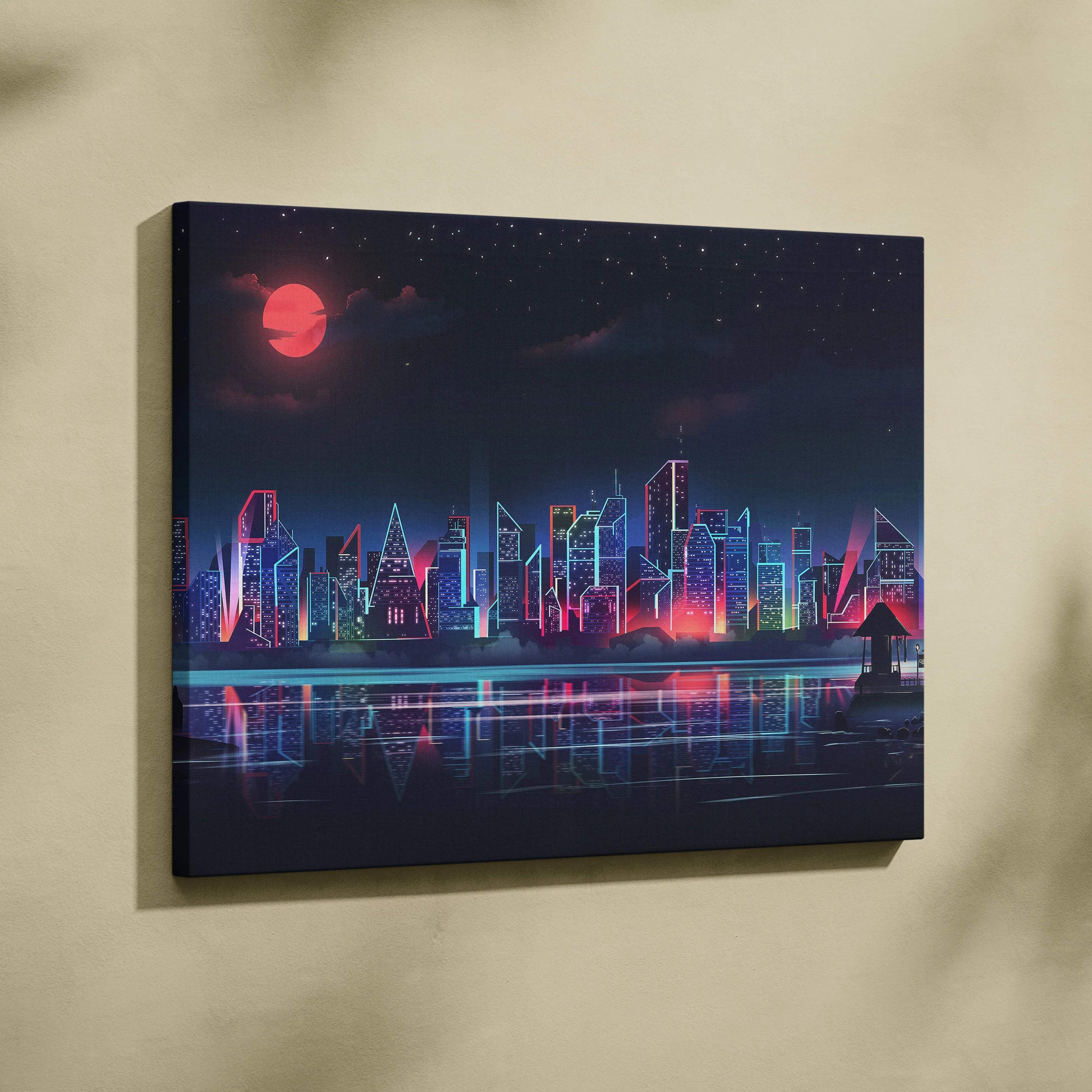 Cyberpunk neon city skyline canvas with crimson moon reflections