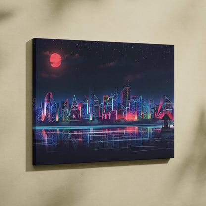 Cyberpunk neon city skyline canvas with crimson moon reflections