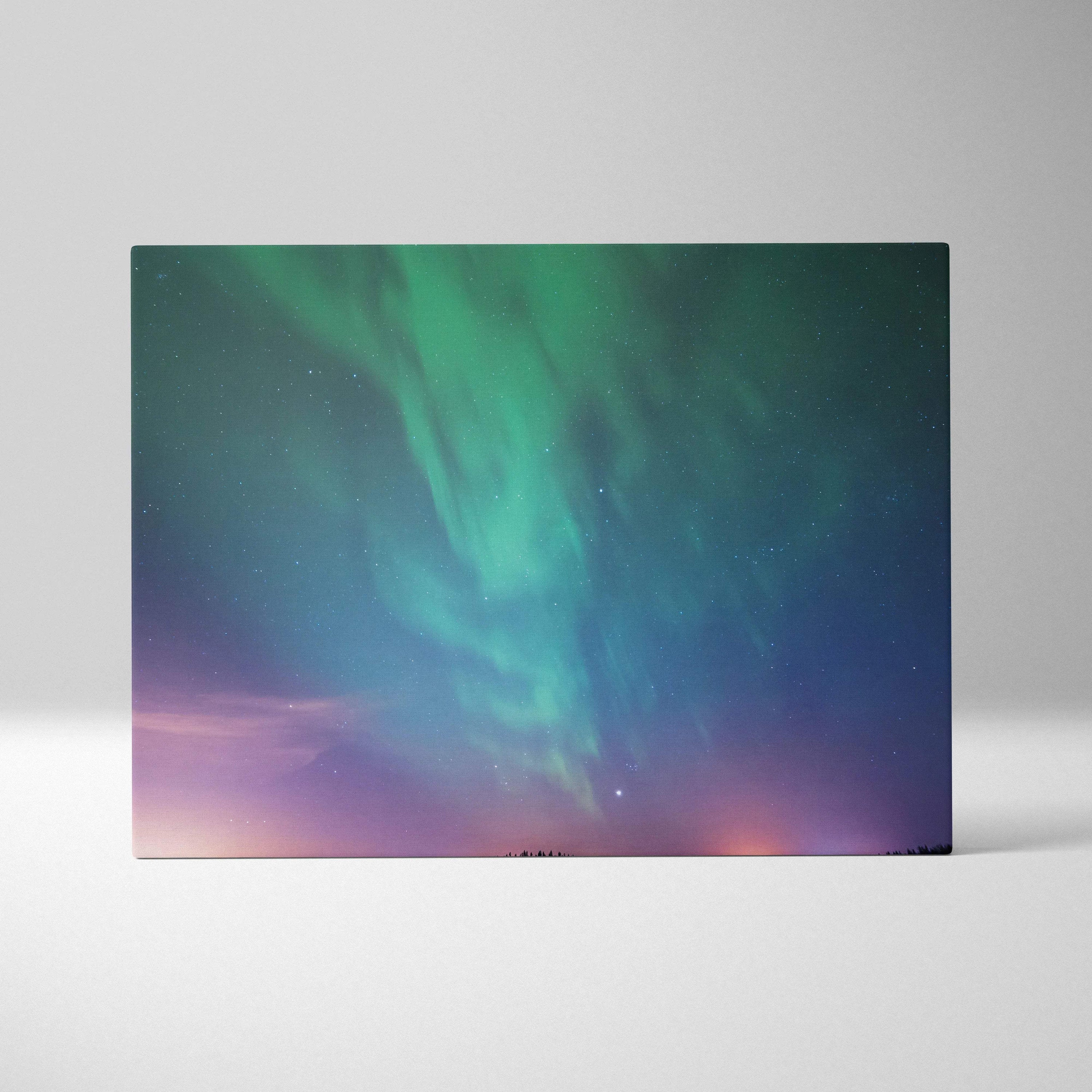 Northern lights over calm lake and forest silhouette canvas art