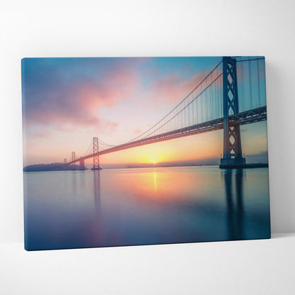Cinematic Bay Area bridge sunrise canvas wall art in soft blues golds pinks