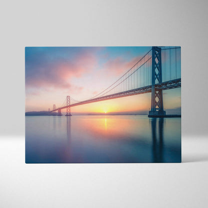 Cinematic Bay Area Bridge sunrise canvas wall art in soft blues golds pinks