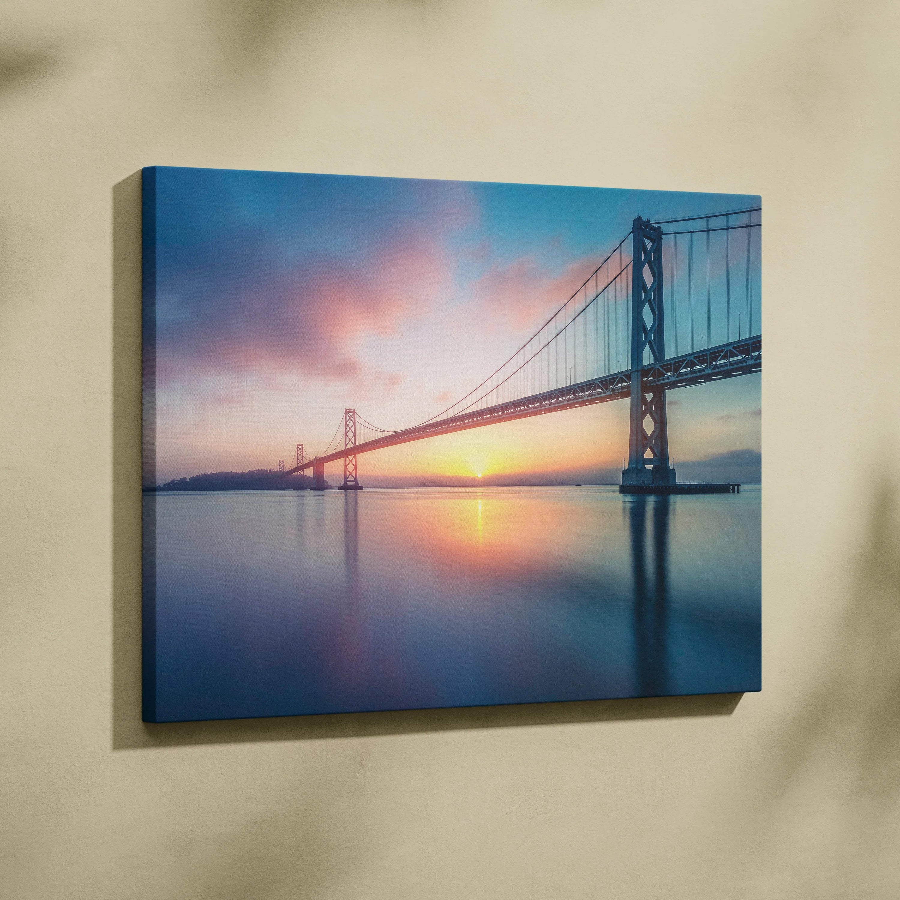 Cinematic Bay Area bridge sunrise canvas wall art in soft blues golds pinks