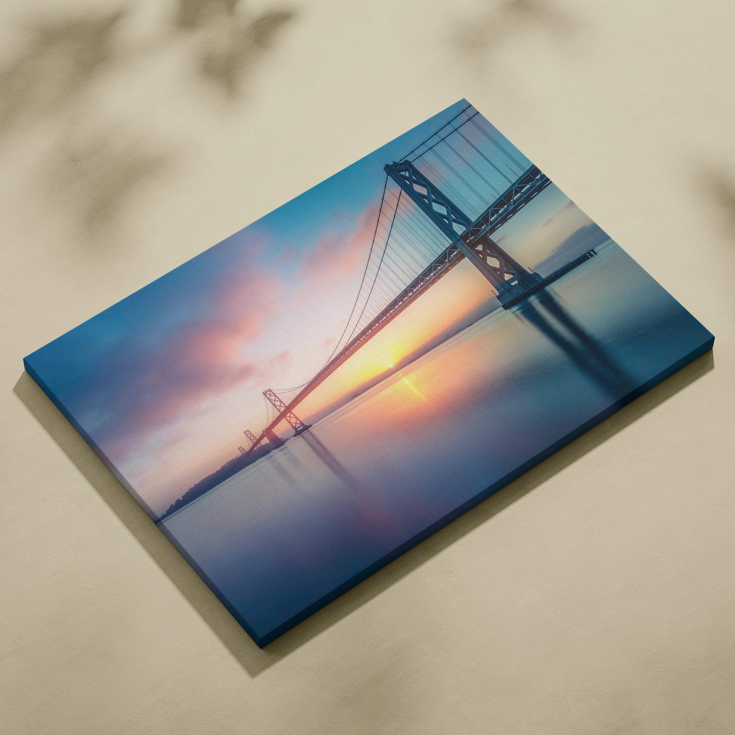 Cinematic Bay Area bridge sunrise canvas print with blues golds pinks
