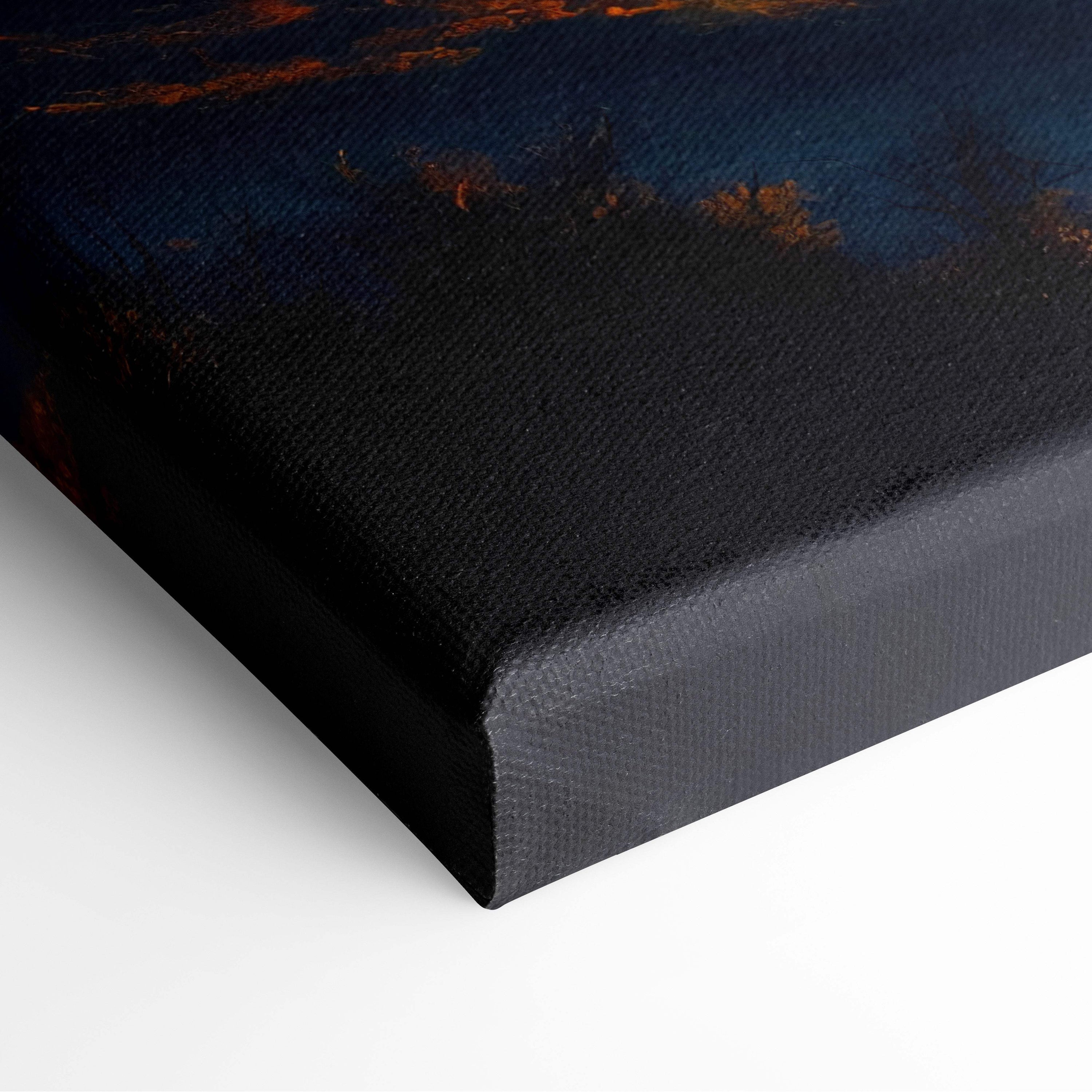 Surreal yin yang planet canvas art with fiery orange clouds, deep blue night sky, textured black surface