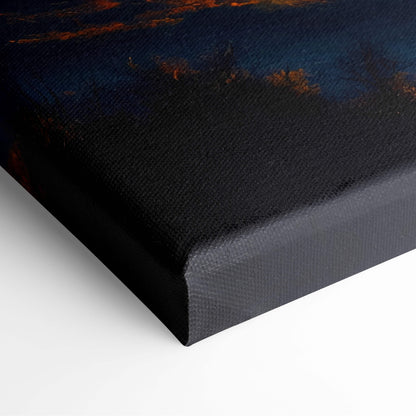 Surreal yin yang planet canvas art with fiery orange clouds, deep blue night sky, textured black surface