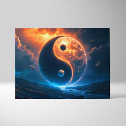 Surreal yin yang planet canvas wall art with fiery orange clouds and deep blue night sky