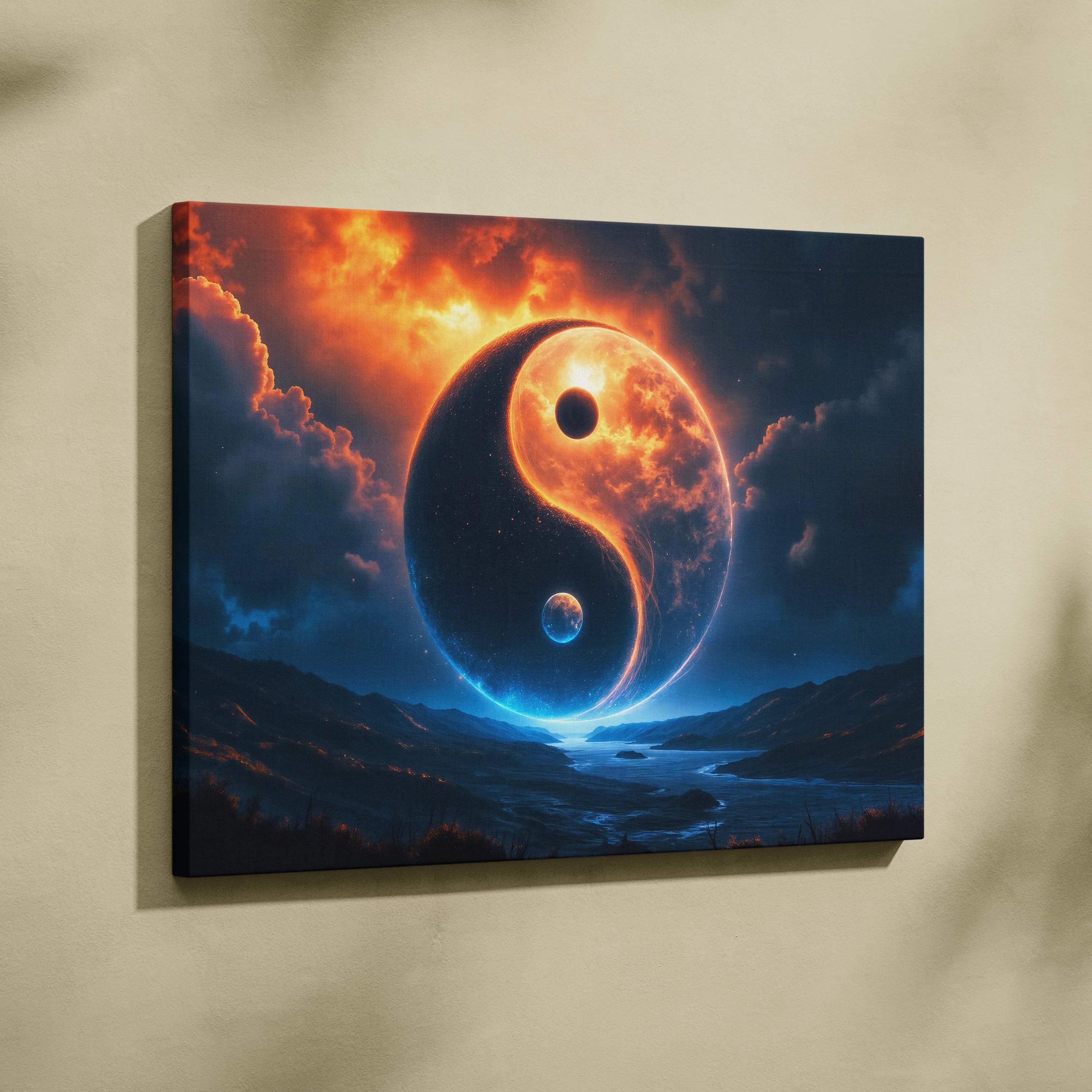 Vibrant cosmic yin yang planet canvas print with fiery orange clouds and deep blue night sky