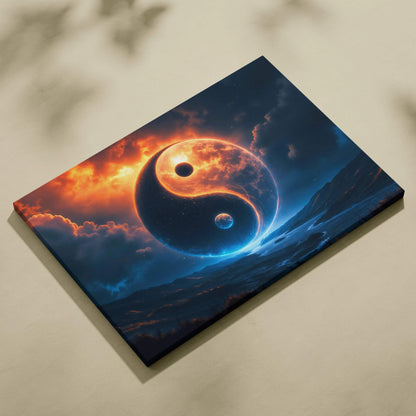 Surreal yin yang planet canvas art with fiery orange clouds and deep blue sky