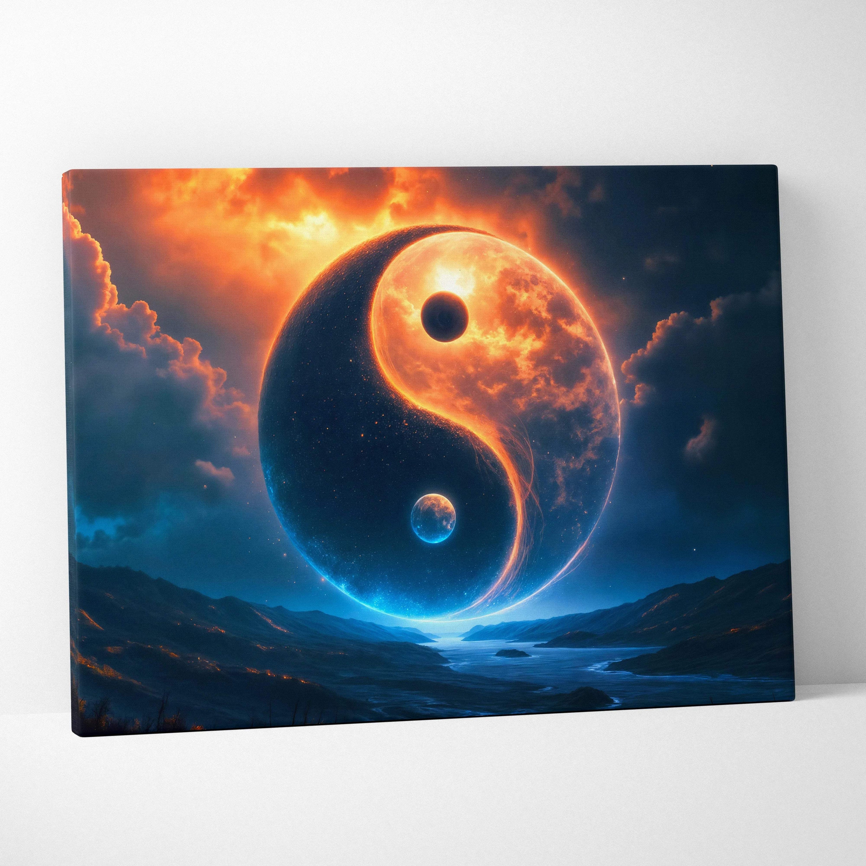 Surreal yin yang planet canvas wall art with fiery orange clouds and deep blue night sky