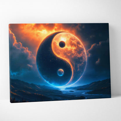 Surreal yin yang planet canvas wall art with fiery orange clouds and deep blue night sky