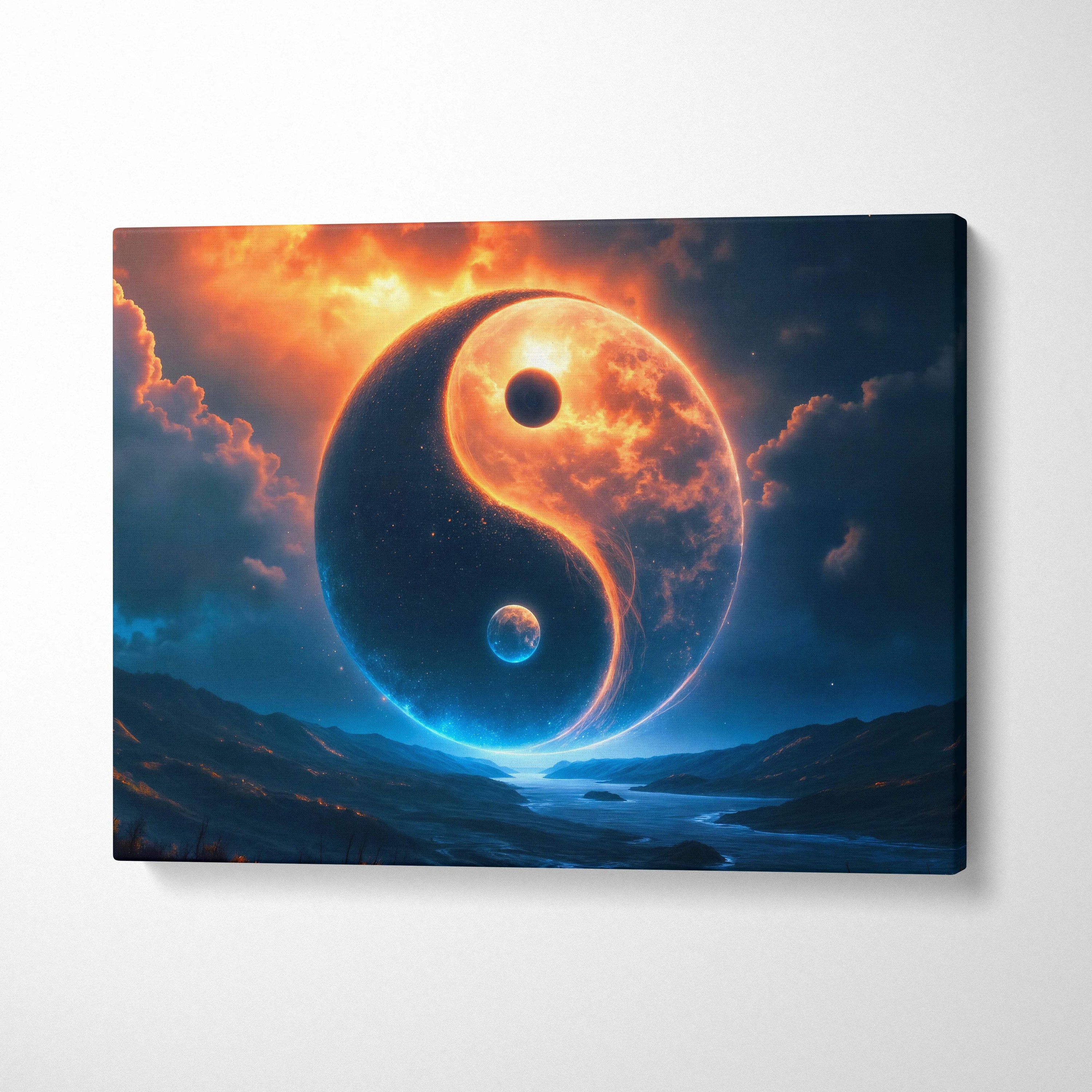 Surreal yin yang planet canvas art with fiery orange clouds and deep blue night sky