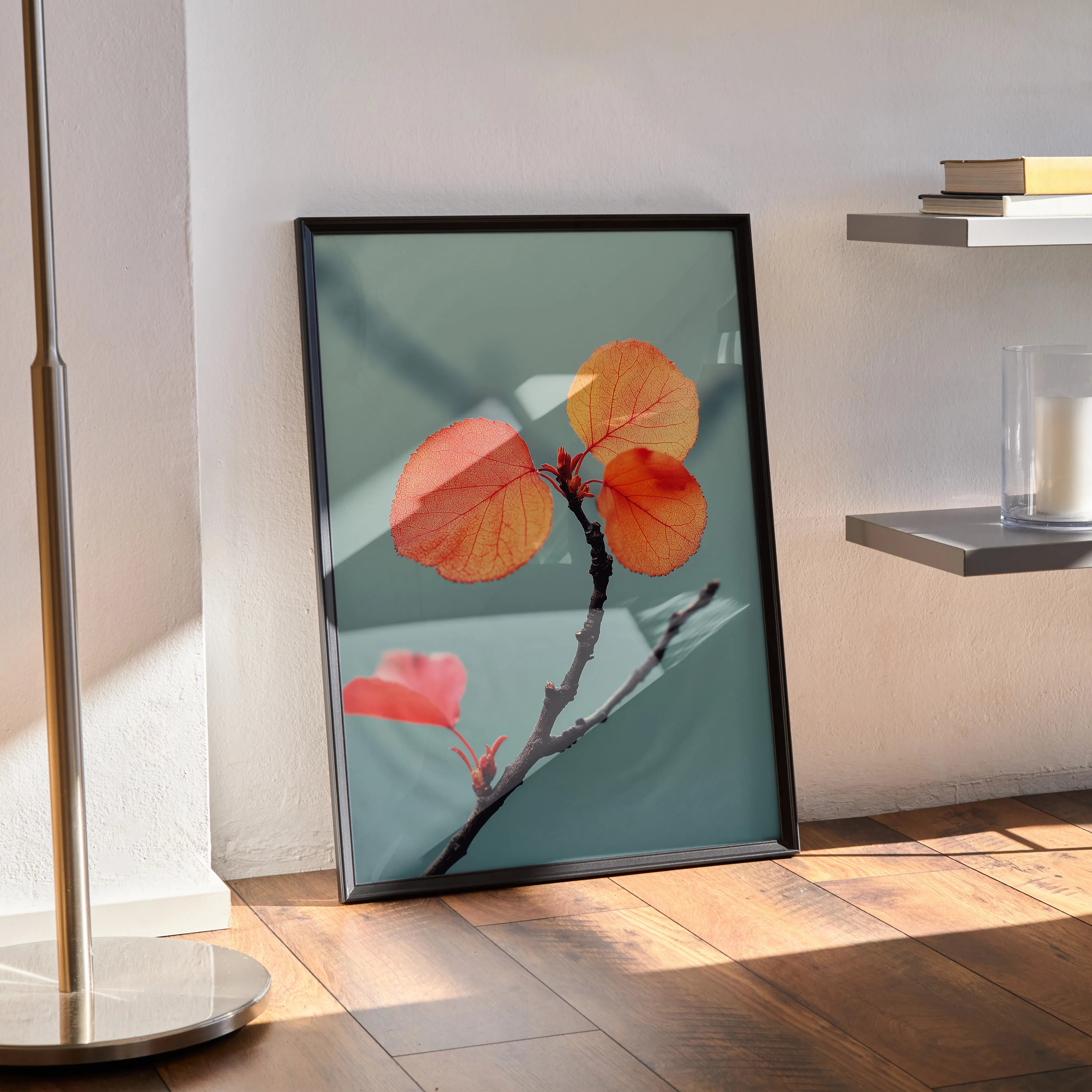 Vertical wall art poster featuring vibrant autumn leaves in orange and red tones on a blue-green background.