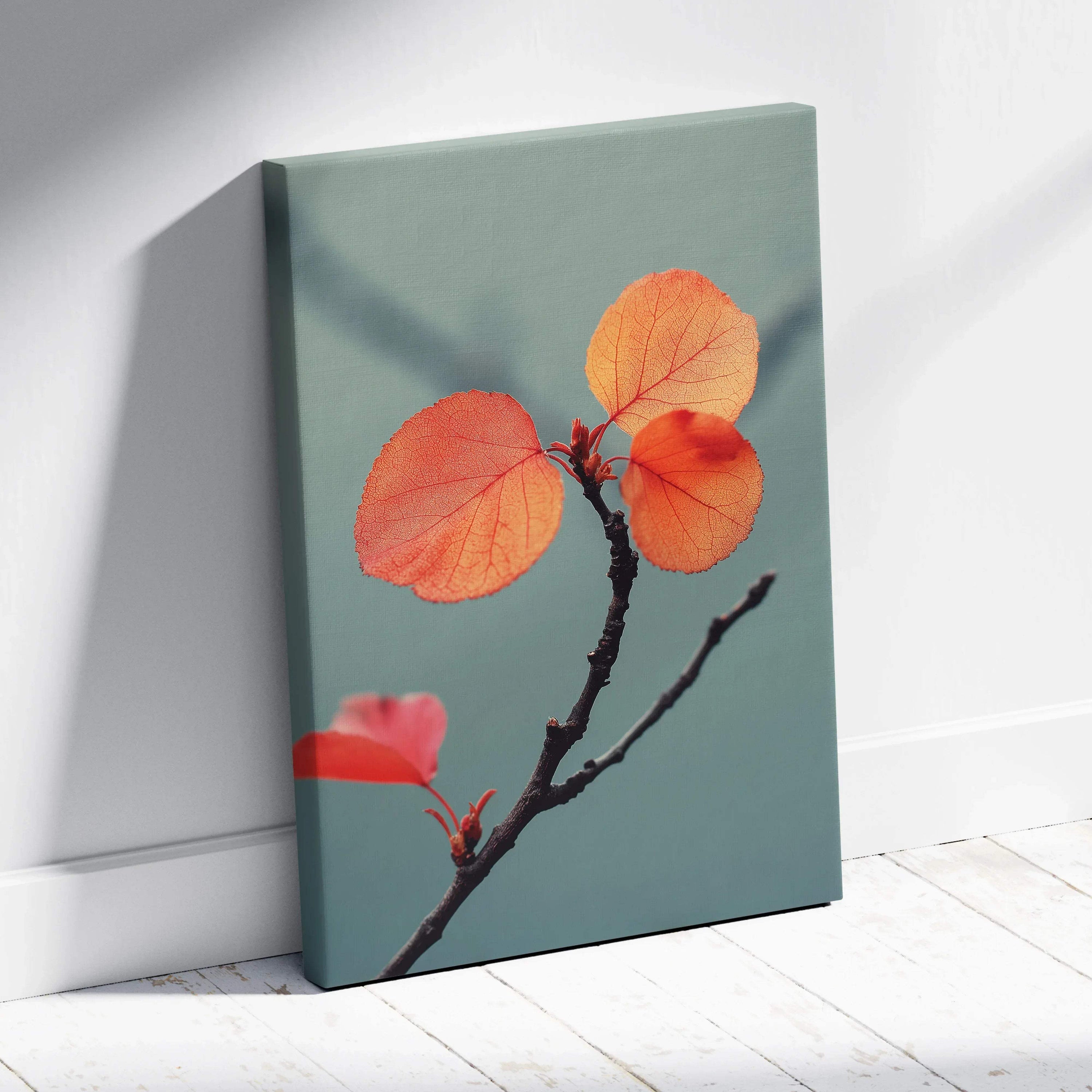 Canvas wall art featuring vibrant orange autumn leaves on a slender branch against a muted green background.
