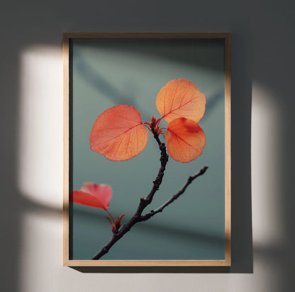 Vibrant autumn leaves on branch with teal background framed poster wall art.