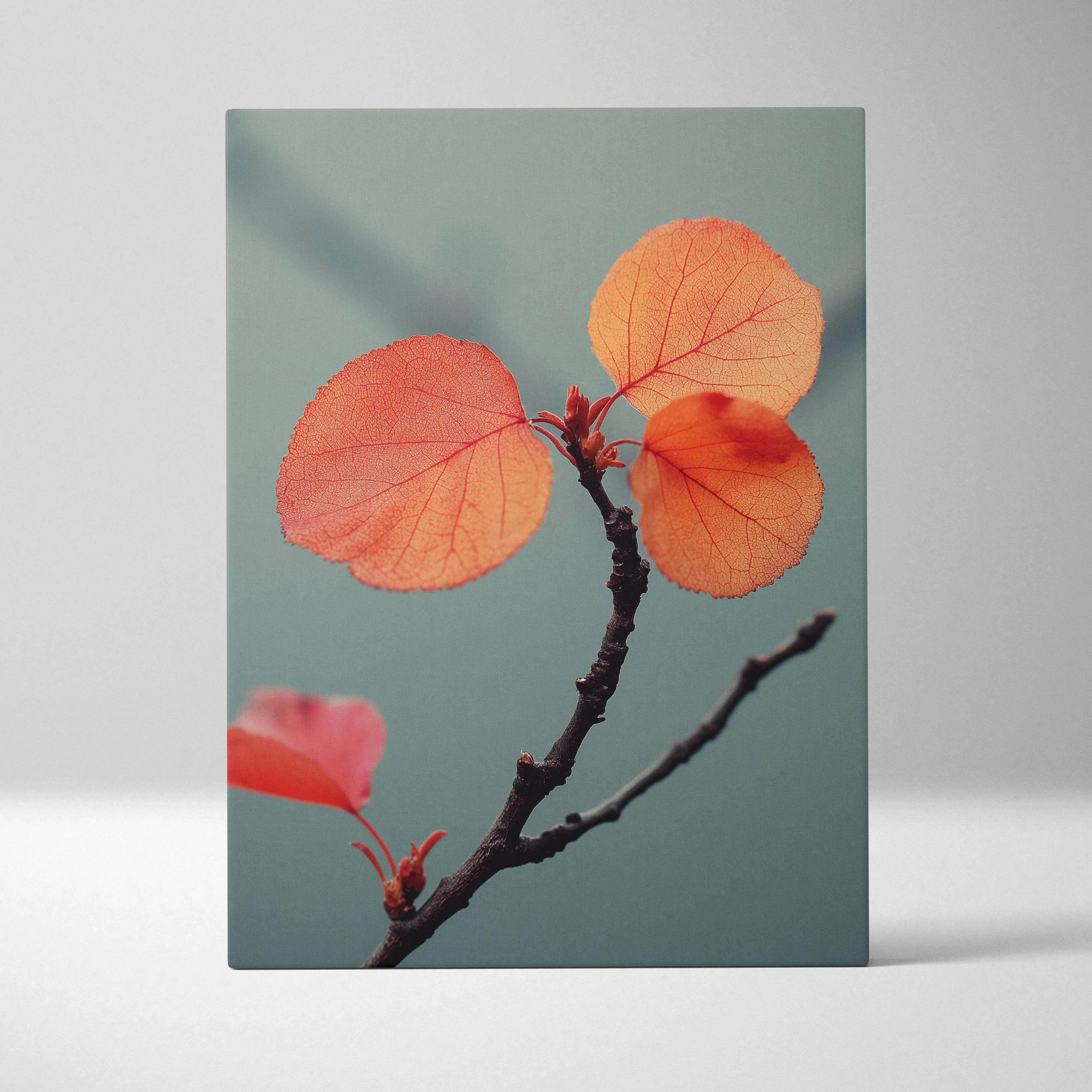 Rectangular canvas wall art featuring vibrant orange autumn leaves on a dark branch with a muted teal background
