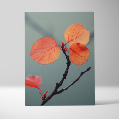Autumn leaves in warm orange hues on a slender branch against muted blue background canvas wall art.