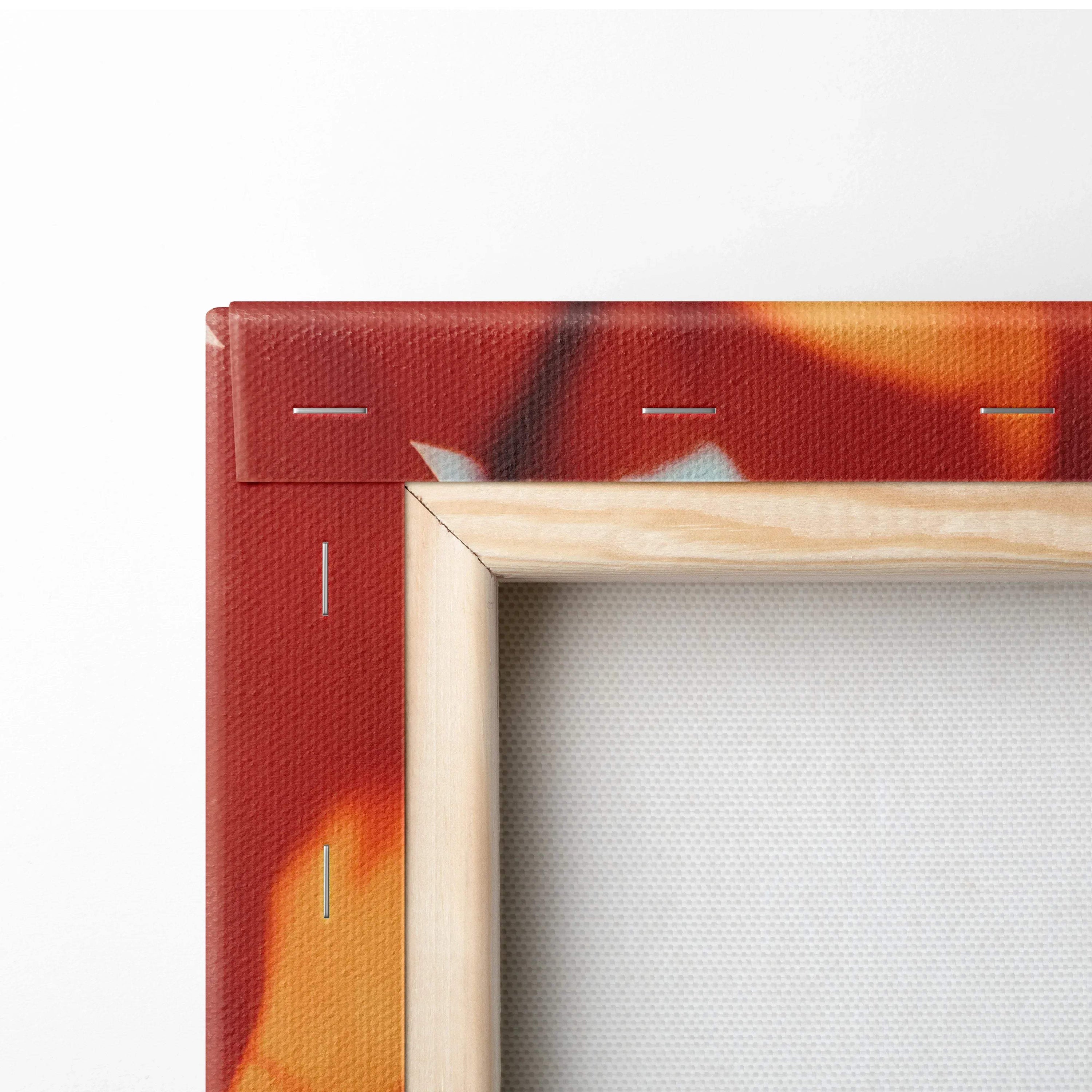 Close-up of wooden-framed canvas showing vibrant autumn colors and texture of wall art fabric.