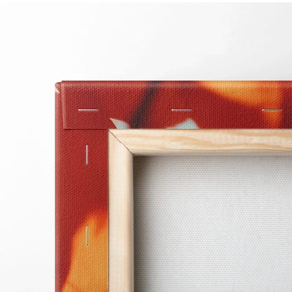Close-up of wooden-framed canvas showing vibrant autumn colors and texture of wall art fabric.