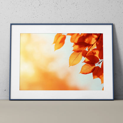Autumn leaves in vibrant orange tones against soft golden background digital art poster wall art.