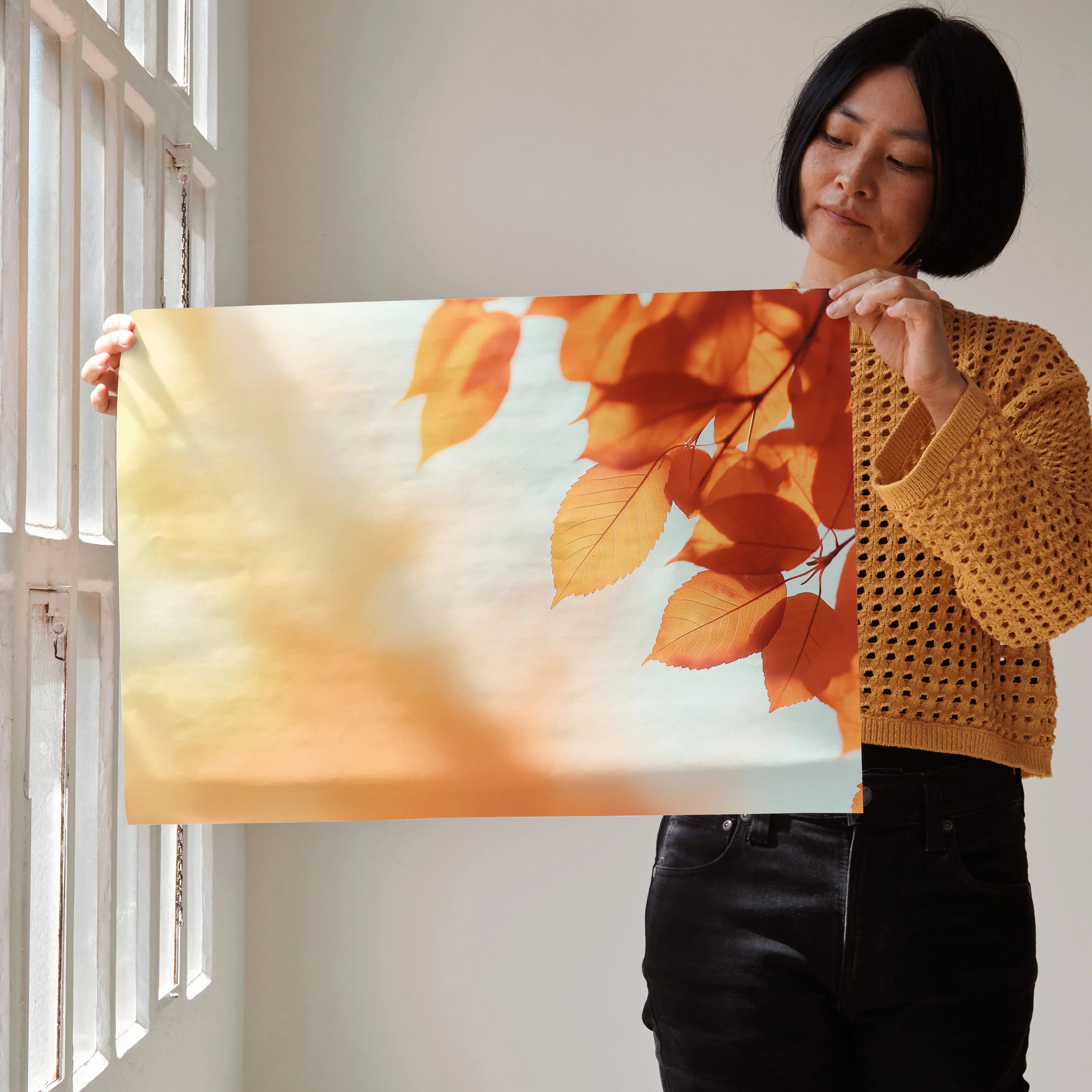 Autumn leaves in warm orange tones on vibrant digital art poster held as wall art.