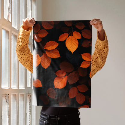 Vertical poster featuring vibrant orange autumn leaves on a dark background, nature wall art.