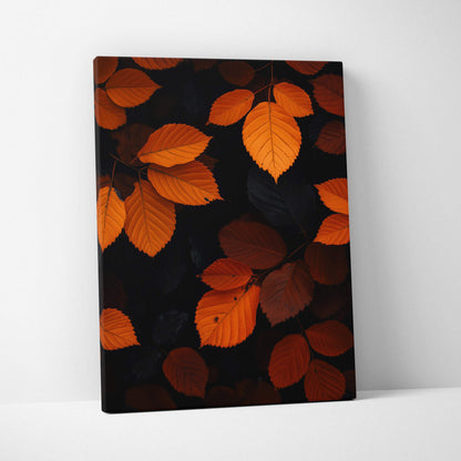 Canvas wall art featuring vibrant orange autumn leaves against a dark background.