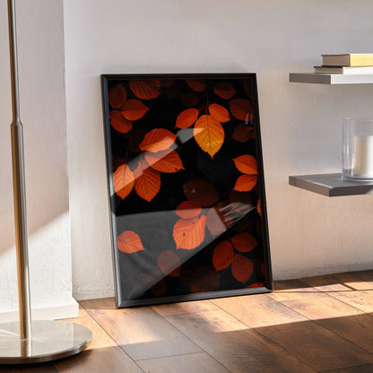 Vibrant autumn leaves poster with orange and red foliage on black background vertical wall art.