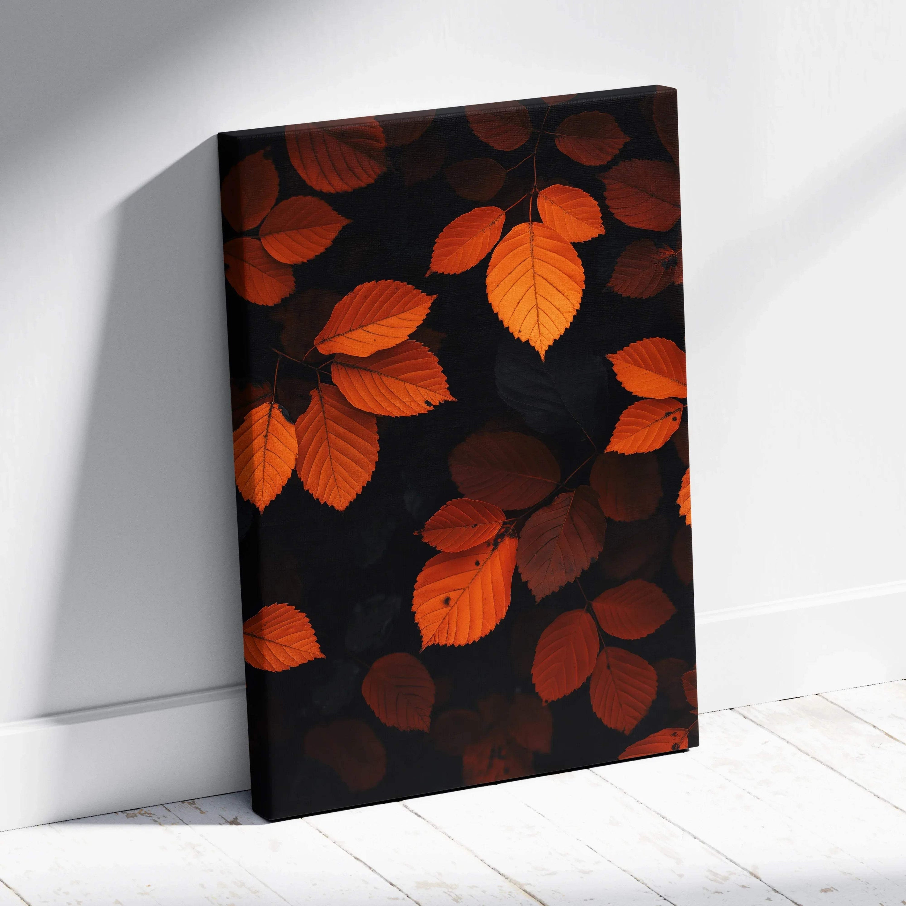 Canvas wall art featuring vibrant orange autumn leaves on a dark background.