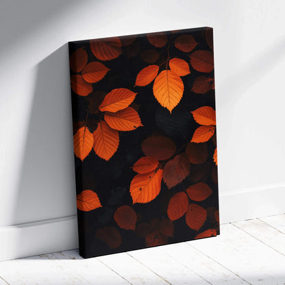 Canvas wall art featuring vibrant orange autumn leaves on a dark background.